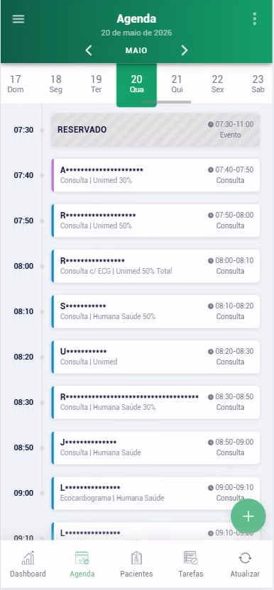Tela da agenda do Medic Consultório no celular
